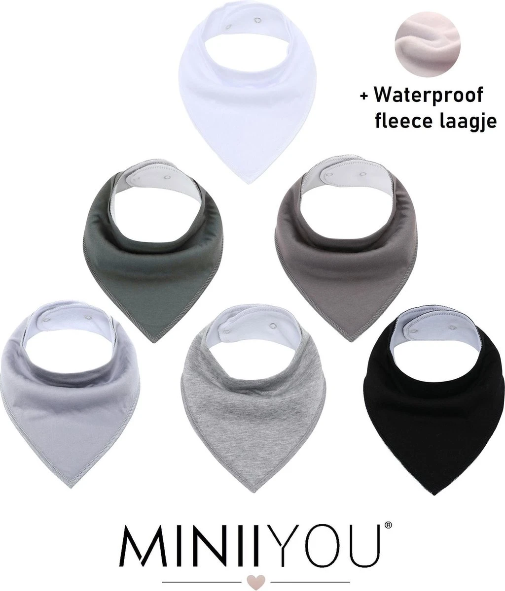 MINIIYOU - Set 6 Stuks Bandana Slabbetjes - Effen Grijs Wit - Waterproof – Jongens Meisjes - Puntslabbetjes - Katoen + Fleece 3 MINIIYOU - Set 6 Stuks Bandana Slabbetjes - Effen Grijs Wit - Waterproof – Jongens Meisjes - Puntslabbetjes - Katoen + Fleece