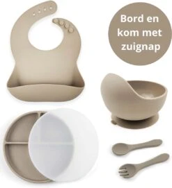 Ik Ben Zo Mooi Onbreekbaar Siliconen Kinderservies Met Zuignap Bordje Voor Baby En Kind - Set Van 6 Stuks - Doeskin Zand