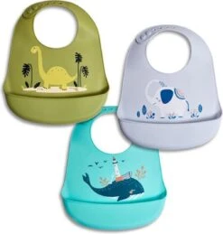 Merkloos 3 Stuks Siliconen Slabbetje Met Opvangbakje - Verstelbaar En Waterdicht - Dino Olifant Walvis