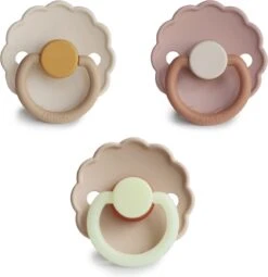 Frigg Fopspeen Natuurrubber | Maat 2 | 6-18 Maanden | Daisy Chamomile, Biscuit, Croissant Night | Set Van 3