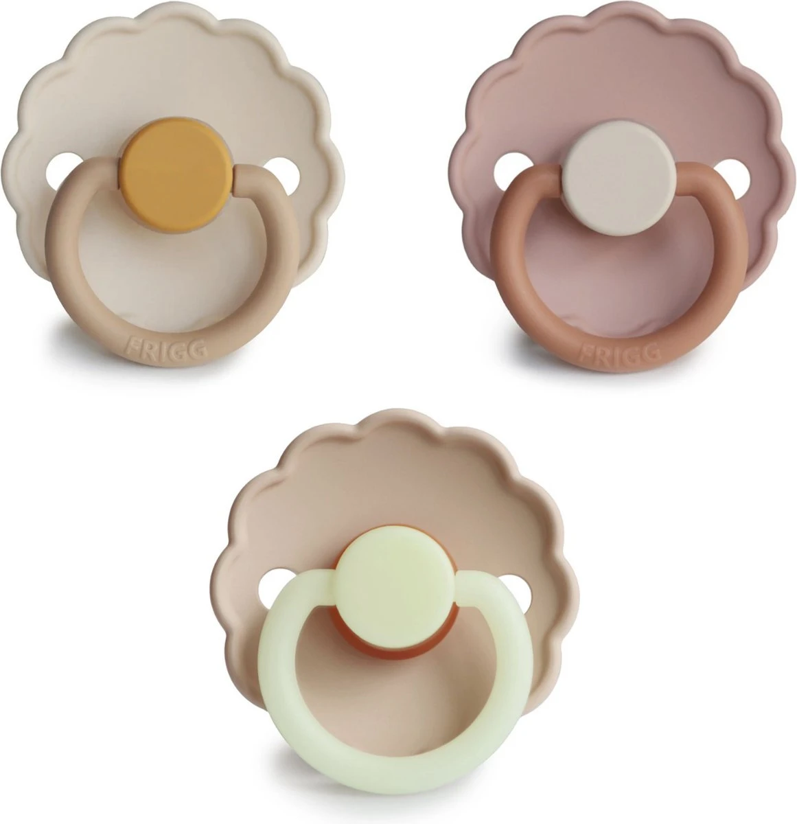 Frigg Fopspeen Natuurrubber | Maat 2 | 6-18 Maanden | Daisy Chamomile, Biscuit, Croissant Night | Set Van 3 3 Frigg Fopspeen Natuurrubber | Maat 2 | 6-18 Maanden | Daisy Chamomile, Biscuit, Croissant Night | Set Van 3