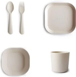 Mushie Serviesset |Set Bord+beker+Kom+Vork En Lepel|5-delig|Ivory|Kinderservies|BIBS|Bestek|Bord|Beker|Cup|Kom|