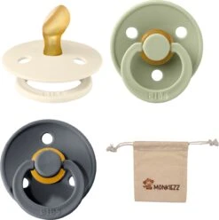 Bibs Dental Fopspenen Anatomical 6-18 Maanden- Set 3 Stuks- Sage, Iron En Ivory - + Monkiezz Speenzakje - Orthodontisch- Anatomisch- Maat 2