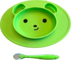 KidZzz® Placemat Met Geïntegreerd Bord Antislip + Baby Lepel – Bordje Beer Voor Baby's, Peuters En Kinderen - Siliconen – Groen