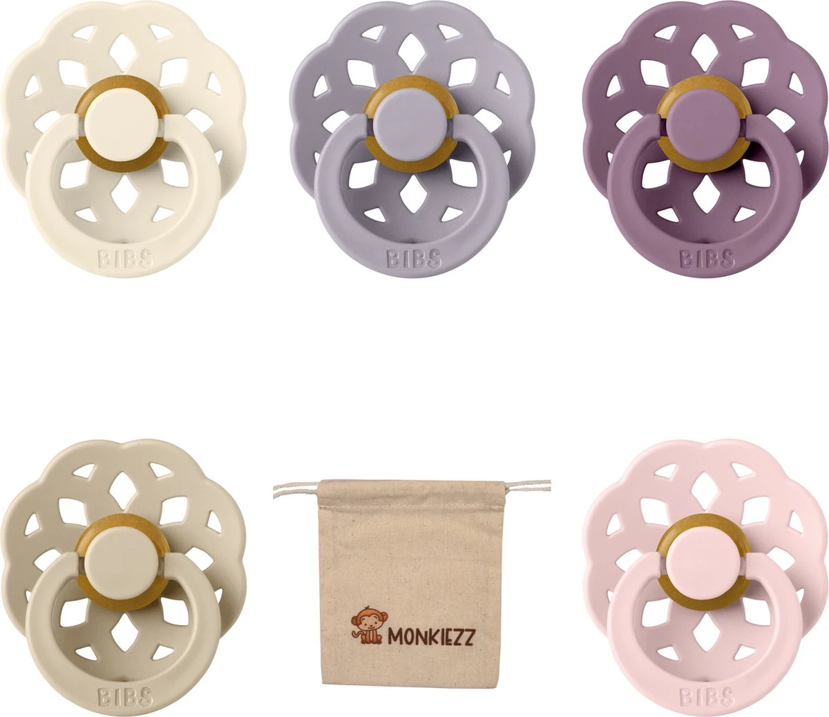 Bibs Boheme Fopspenen| Maat 2 6-18 Maanden| Mauve, Fossil Grey, Vanilla, Blossom, Ivory + Monkiezz Speenzakje 3 Bibs Boheme Fopspenen| Maat 2 6-18 Maanden| Mauve, Fossil Grey, Vanilla, Blossom, Ivory + Monkiezz Speenzakje