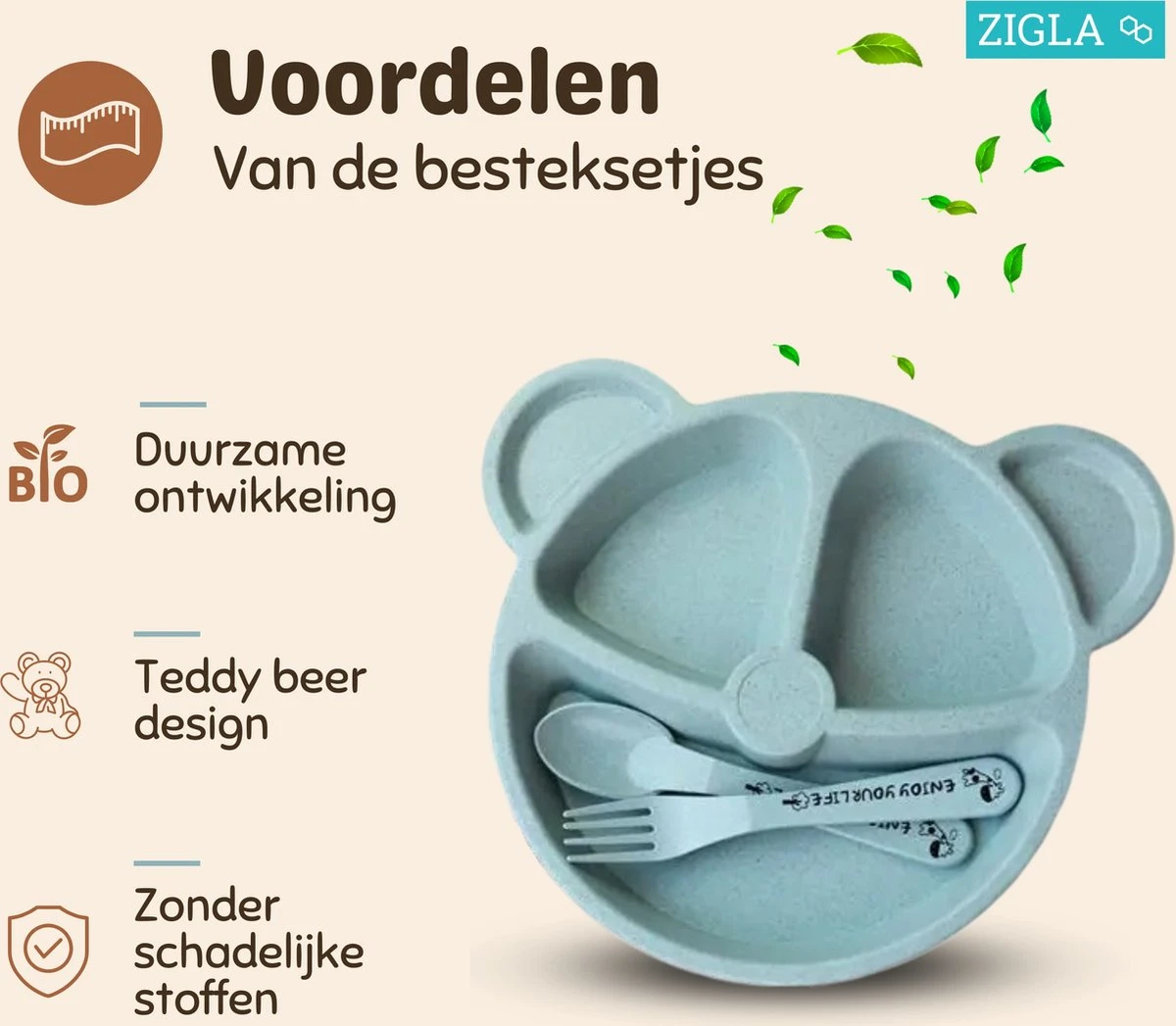 Zigla - Kinderbestek – Baby Bestek – Baby Servies – Kinderbord Met Vakjes – Oefenbestek – Bord/Vork/Lepel – Crème/Blauw – Set Van 2 5 Zigla - Kinderbestek – Baby Bestek – Baby Servies – Kinderbord Met Vakjes – Oefenbestek – Bord/Vork/Lepel – Crème/Blauw – Set Van 2 - Afbeelding 3