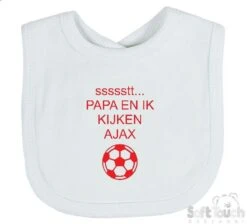 Soft Touch Slabbetje "ssssstt Papa En Ik Kijken AJAX" Unisex Katoen Wit/rood Afmeting 33 X 22 Cm