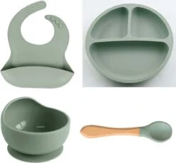 Baby-V® 4 Delig Siliconen Kinderservies Set Met Zuignap - Kinderbord Met Vakjes - Vaatwasserbestendig - Siliconen Servies Baby Met Zuignap - Kinderserviesset - Groen