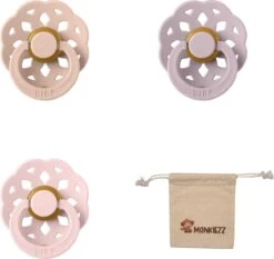 BIBS Boheme Fopspeen Set | Maat 1 0-6 Maanden | Set 3 Stuks + MONKIEZZ® Speenzakje | Blush, Dusky Lilac, Blossom