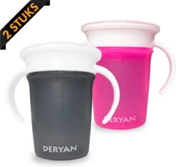 Deryan Luxe Quuby Drinkbeker 360 Trainer - Oefenbeker - Antilekbeker - 2 Stuks - Grijs / Roze