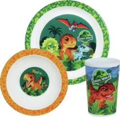 1x Kinder Ontbijt Set Jurassic World Dinosaurus 3-delig Van Kunststof