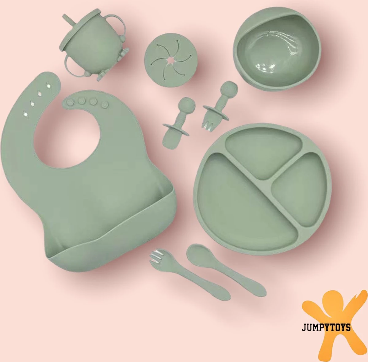 JUMPYTOYS - Kinderservies Met Zuignap - BPA Vrij- Babyservies - Baby Bestek - Babybox - Silliconen Eetset - 9 Delig - Babyshower - Groen 4 JUMPYTOYS - Kinderservies Met Zuignap - BPA Vrij- Babyservies - Baby Bestek - Babybox - Silliconen Eetset - 9 Delig - Babyshower - Groen - Afbeelding 2