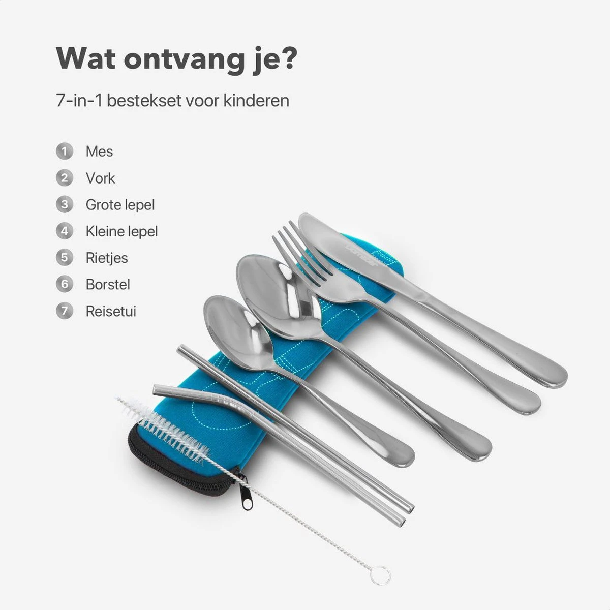 Damster Kinderbestek - Reisbestek - Incl. Herbruikbare Rietjes - School - Zilver 4 Damster Kinderbestek - Reisbestek - Incl. Herbruikbare Rietjes - School - Zilver - Afbeelding 2