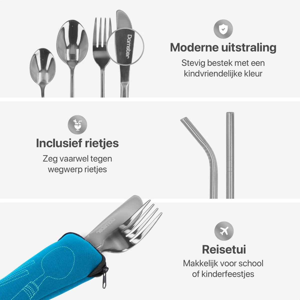 Damster Kinderbestek - Reisbestek - Incl. Herbruikbare Rietjes - School - Zilver 5 Damster Kinderbestek - Reisbestek - Incl. Herbruikbare Rietjes - School - Zilver - Afbeelding 3