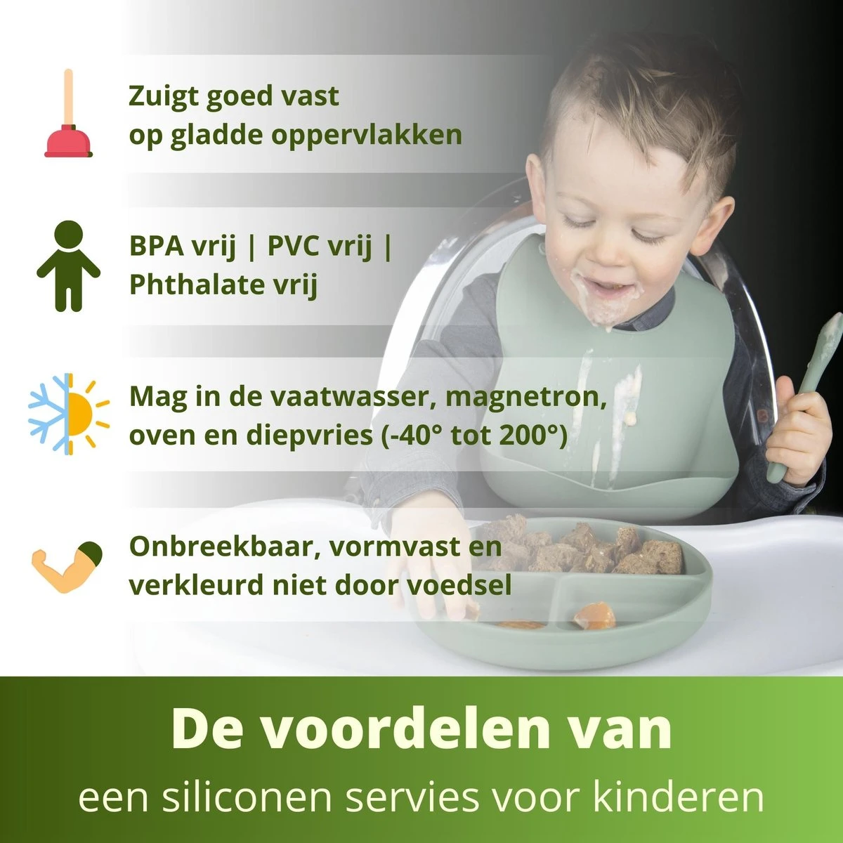 Ik Ben Zo Mooi Onbreekbaar Siliconen Kinderservies Met Zuignap Bordje Voor Baby En Kind - Servies Set Van 5 Stuks - Sage Groen 4 Ik Ben Zo Mooi Onbreekbaar Siliconen Kinderservies Met Zuignap Bordje Voor Baby En Kind - Servies Set Van 5 Stuks - Sage Groen - Afbeelding 2