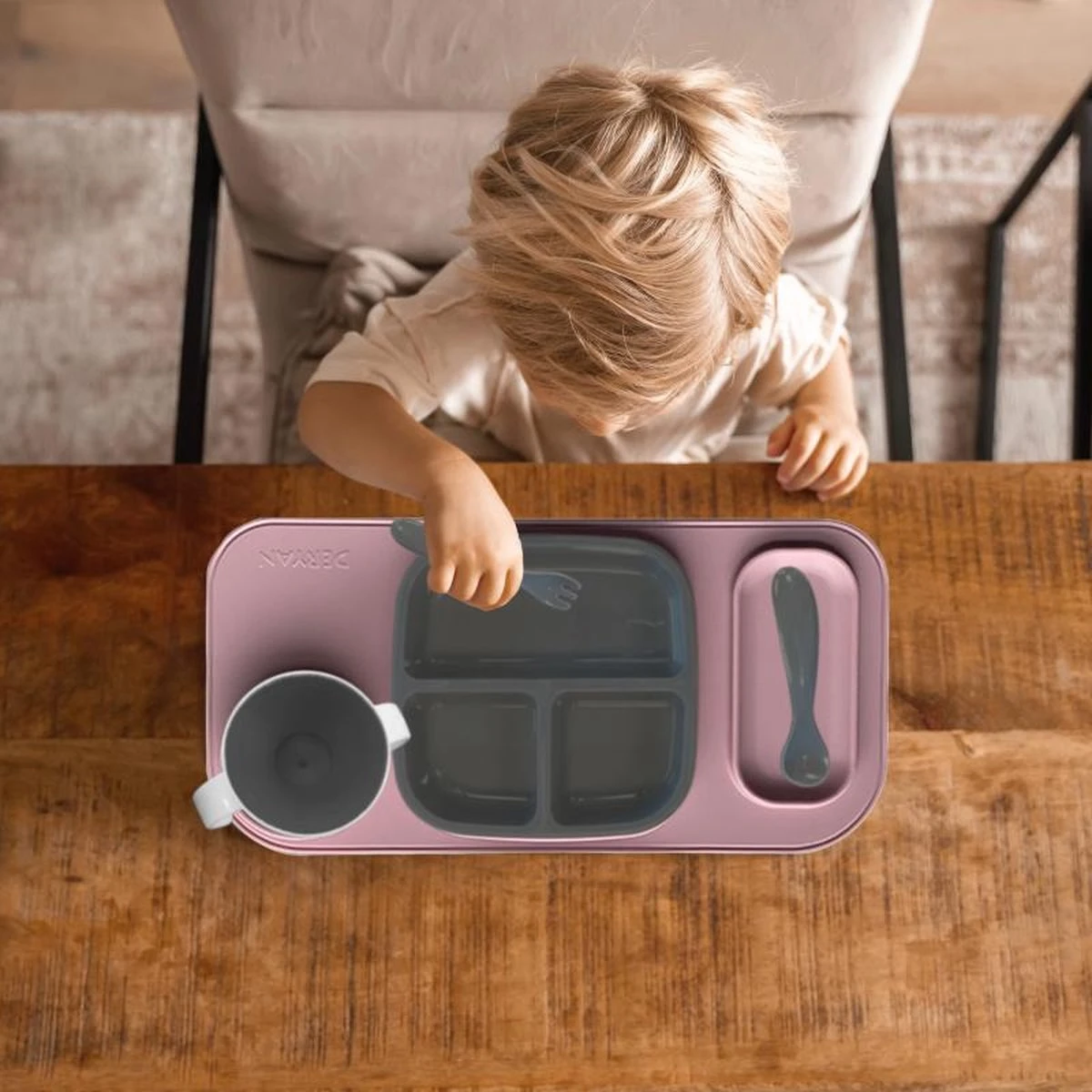 Deryan Quuby Set - Placemat - Plate Set - Kinderservies - Drinkbeker - Roze/Grijs 4 Deryan Quuby Set - Placemat - Plate Set - Kinderservies - Drinkbeker - Roze/Grijs - Afbeelding 2