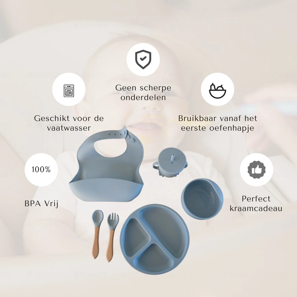 Keuky Babyservies Set: Blauw Siliconen Bestek, Drinkbeker & Handige Slab Met Opvangbak - 100% BPA-Vrij & Veilig Voor Baby & Peuter! - Baby Servies - Kinderservies - Zuignap - Siliconen 4 Keuky Babyservies Set: Blauw Siliconen Bestek, Drinkbeker & Handige Slab Met Opvangbak - 100% BPA-Vrij & Veilig Voor Baby & Peuter! - Baby Servies - Kinderservies - Zuignap - Siliconen - Afbeelding 2