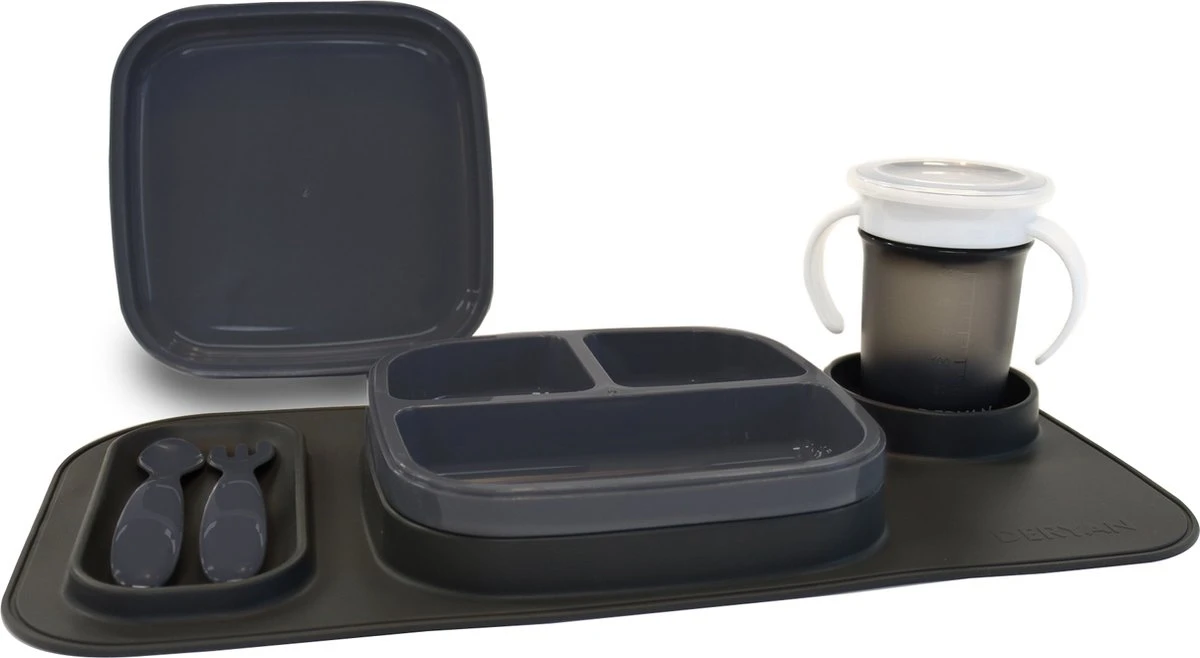 Deryan Quuby Set - Placemat - Plate Set - Kinderservies - Drinkbeker - Grijs 3 Deryan Quuby Set - Placemat - Plate Set - Kinderservies - Drinkbeker - Grijs
