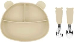 Beervorm Kinderbord Beige Met Bestek - Baby Bord Met Zuignap - Kinderservies