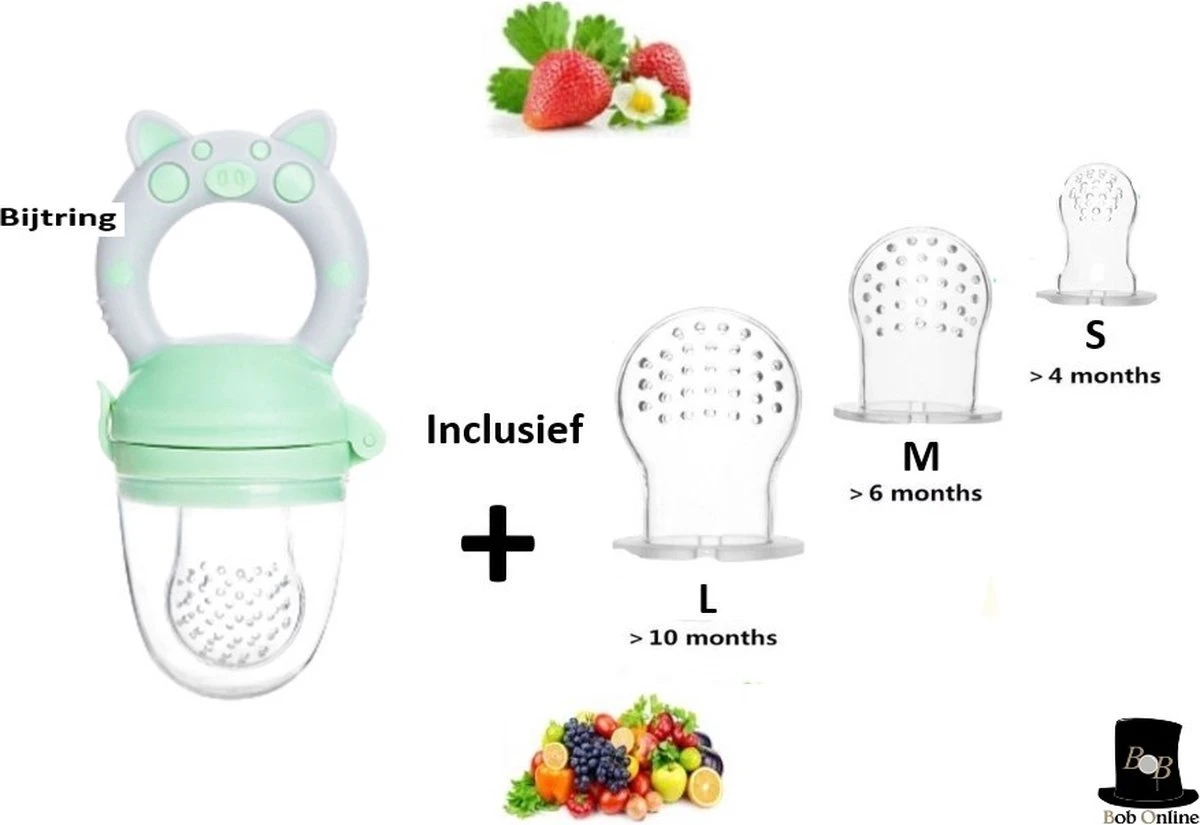 Bob Online ™ - Groen Baby Fruitspeen En Bijtring In Een X 1 + 3 Maten Spenen - Fruitzuiger - Fruit Fopspeen Voorkomt Verstikking - Babyvoeding - Siliconen Fruitspeen - Fruit Pacifier + 3 X S M L Teats – 3 X Spenen Voor Langer Gebruik - Kraam Cadeau 3 Bob Online ™ - Groen Baby Fruitspeen En Bijtring In Een X 1 + 3 Maten Spenen - Fruitzuiger - Fruit Fopspeen Voorkomt Verstikking - Babyvoeding - Siliconen Fruitspeen - Fruit Pacifier + 3 X S M L Teats – 3 X Spenen Voor Langer Gebruik - Kraam Cadeau
