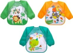 Merkloos 3 Stuks - Baby Slabbetjes Met Mouwen - Aapje Dinosaurus Leeuw Groen - Waterproof