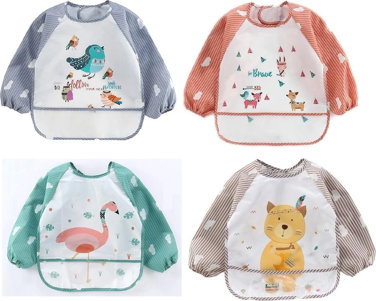 4-Pack - Slab Met Mouwen En Opvangbak - Flamingo - Vogel - Hert - Kat - 1-4 Jaar 3 4-Pack - Slab Met Mouwen En Opvangbak - Flamingo - Vogel - Hert - Kat - 1-4 Jaar