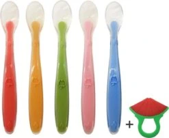 Merkloos Siliconen Baby Lepels Met Soft Tip - BPA Vrij - Inclusief Bijtring - 5 Stuks