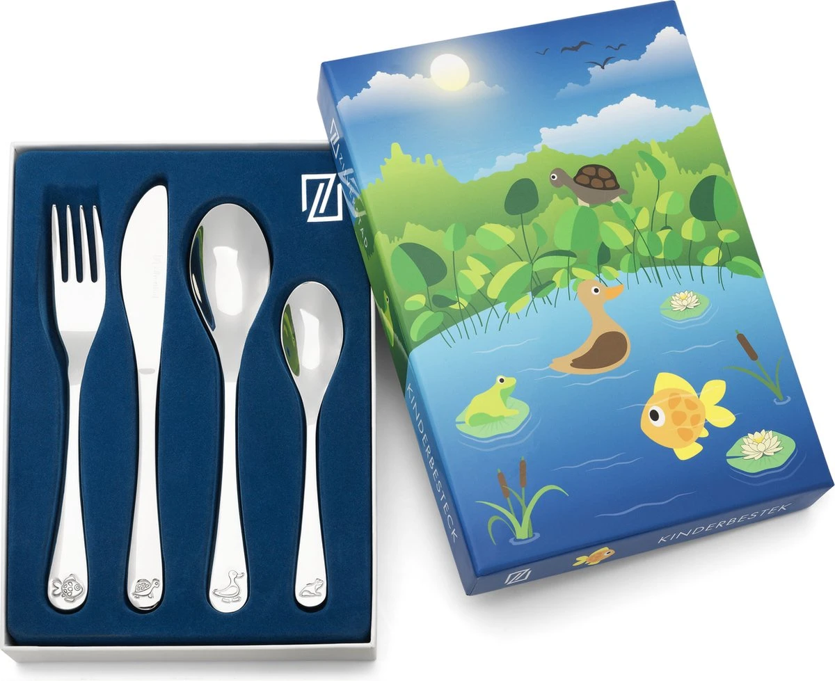 Zilverstad - Kindercouvert 4-delig Vijverdieren RVS 18/10 4 Zilverstad - Kindercouvert 4-delig Vijverdieren RVS 18/10 - Afbeelding 2