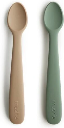 MUSHIE Baby Lepels| Siliconen | Set Van 2 Stuks | Dried Thyme + Natural | Baby | Eetset | Bestek | Lepel | Spoon | Baby Lepeltjes