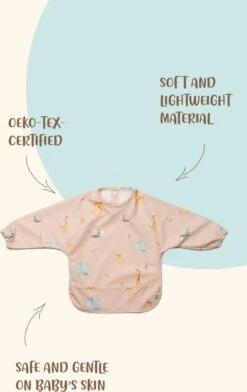 J. Børn Slabbetje Lange Mouwen Met Brede Opvangbakpe (0 - 3 Jaar) - Peuter Kliederschort - Verfschort - Baby Slabber / Schort - Mouwslab - Mouwslabber (Safari)