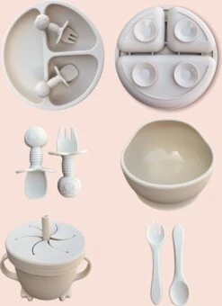 JUMPYTOYS - Kinderservies Met Zuignap - BPA Vrij- Babyservies - Baby Bestek - Babybox - Silliconen Eetset - 9 Delig - Babyshower - Beige