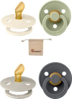 Bibs Dental Fopspenen Anatomical 0-6 Maanden- Set 4stuks- Sage, Ivory , Sand , Iron - + Monkiezz Speenzakje - Orthodontisch- Anatomisch- Maat 1
