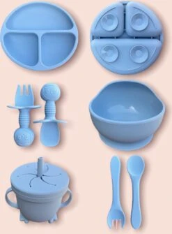 JUMPYTOYS - Kinderservies Met Zuignap - BPA Vrij- Babyservies - Baby Bestek - Babybox - Silliconen Eetset - 9 Delig - Babyshower - Blauw