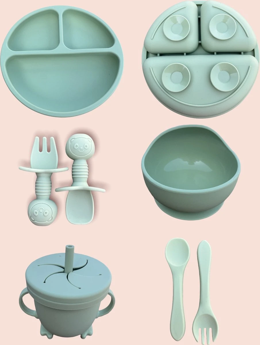 JUMPYTOYS - Kinderservies Met Zuignap - BPA Vrij- Babyservies - Baby Bestek - Babybox - Silliconen Eetset - 9 Delig - Babyshower - Groen 3 JUMPYTOYS - Kinderservies Met Zuignap - BPA Vrij- Babyservies - Baby Bestek - Babybox - Silliconen Eetset - 9 Delig - Babyshower - Groen