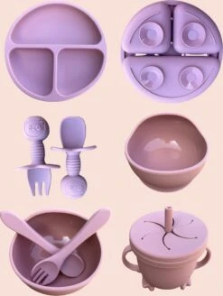 JUMPYTOYS - Kinderservies Met Zuignap - BPA Vrij- Babyservies - Baby Bestek - Babybox - Silliconen Eetset - 9 Delig - Babyshower - Peachpink