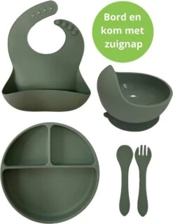 Ik Ben Zo Mooi Onbreekbaar Siliconen Kinderservies Met Zuignap Bordje Voor Baby En Kind - Servies Set Van 5 Stuks - Sage Groen