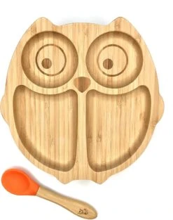 Kleiner Fuchs Kinderbord Van Bamboe - Bord Met Zuignap Inclusief Bijpassende Baby Lepel - Babyservies In Stijlvolle Geschenkdoos - Uil