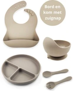 Ik Ben Zo Mooi Onbreekbaar Siliconen Kinderservies Met Zuignap Bordje Voor Baby En Peuter - Set Van 5 Stuks - Doeskin Zand